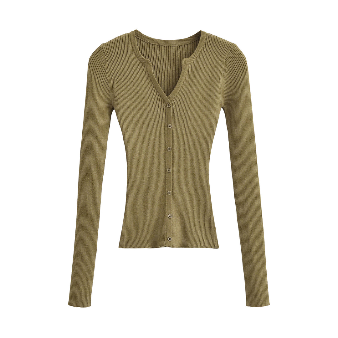 Women's Ribbed Fine Knit Cardigan with Deep V-Neck and Button Placket Mune Fashion
