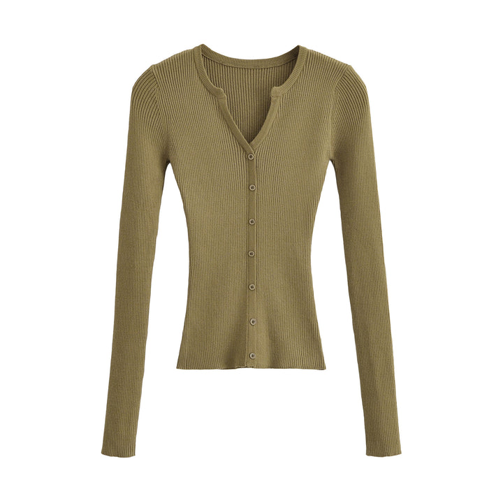 Women's Ribbed Fine Knit Cardigan with Deep V-Neck and Button Placket Mune Fashion