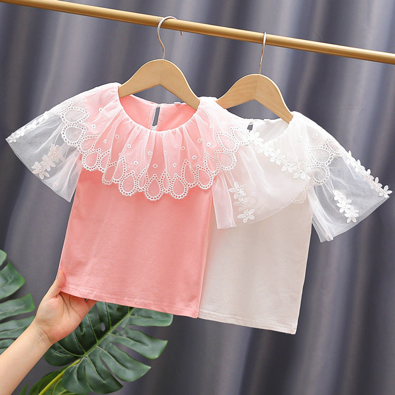 Girl's blouse with floral embroidery and tulle sleeves Mune Fashion