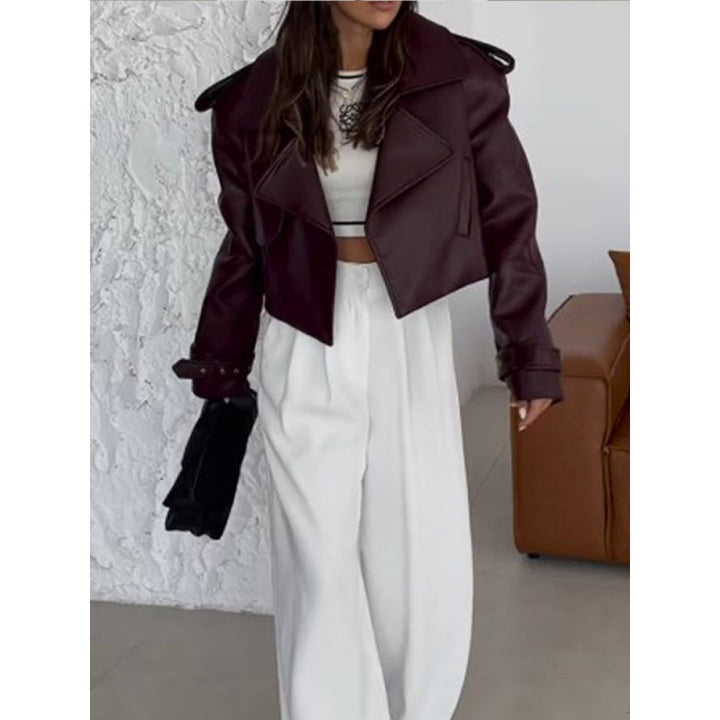 Ladies Cropped Biker Jacket made of faux leather with oversized lapels, adjustable cuffs, and epaulettes Mune Fashion