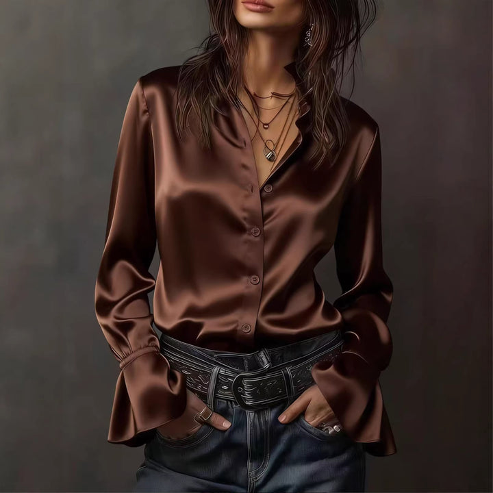 Women's Satin Blouse with Stand Collar, Button Placket, and Ruffled Sleeves
