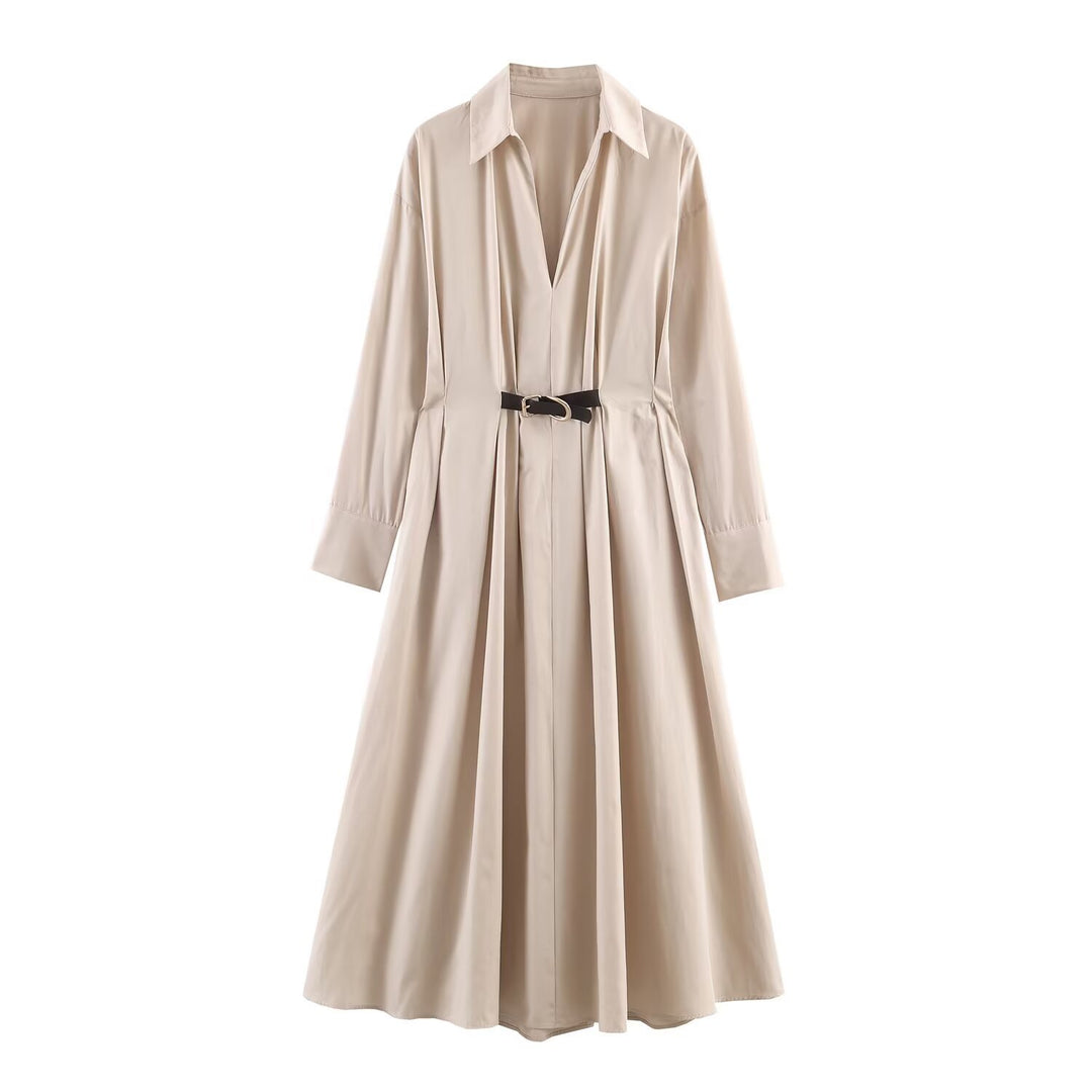 Women Long Sleeve Shirt Dress with Wide Pleated Skirt and Waist Belt Mune Fashion