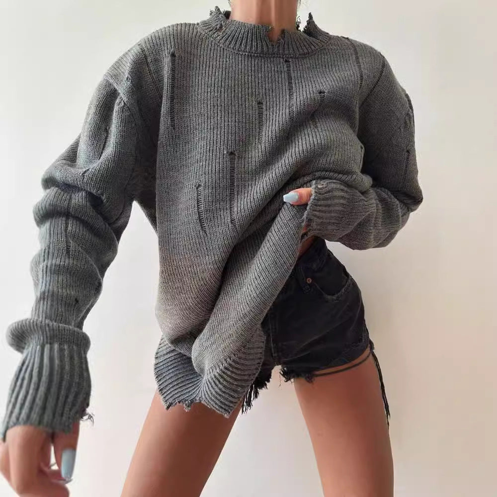Women Oversized Chunky Knit Sweater with Distressed Details and Ribbed Hem Mune Fashion