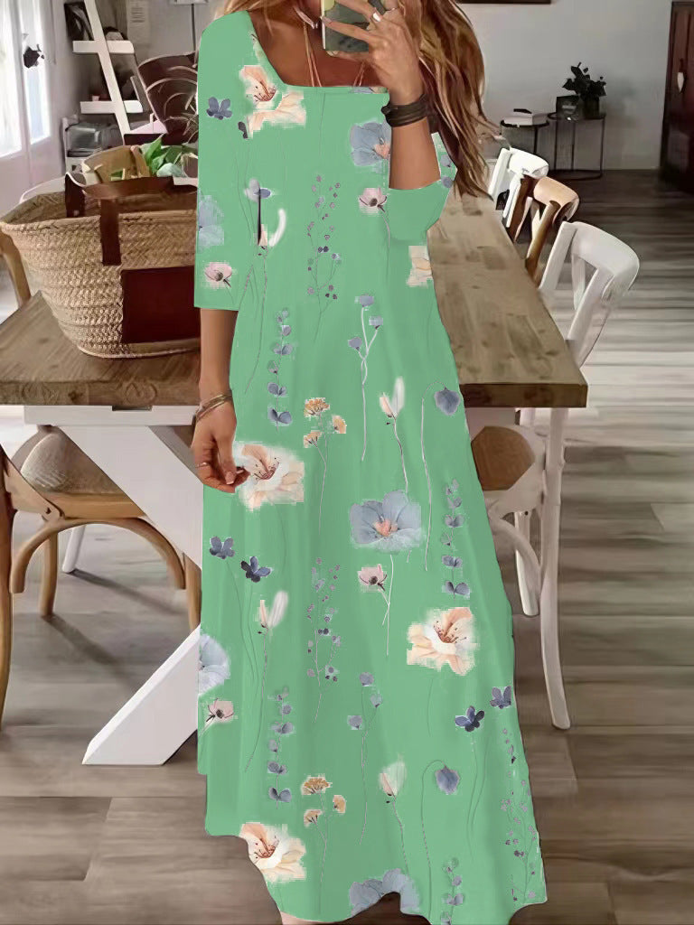Women's Flowing Maxi Dress with Three-Quarter Sleeves, Boat Neck and Floral Allover Print Mune Fashion