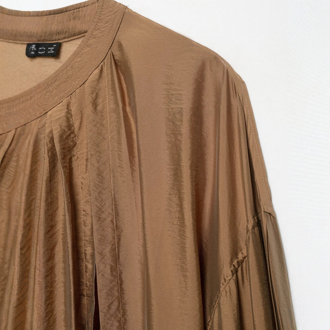 Women's Pleated Satin Cropped Blouse with Balloon Sleeves and Gathered Elastic Waist Mune Fashion