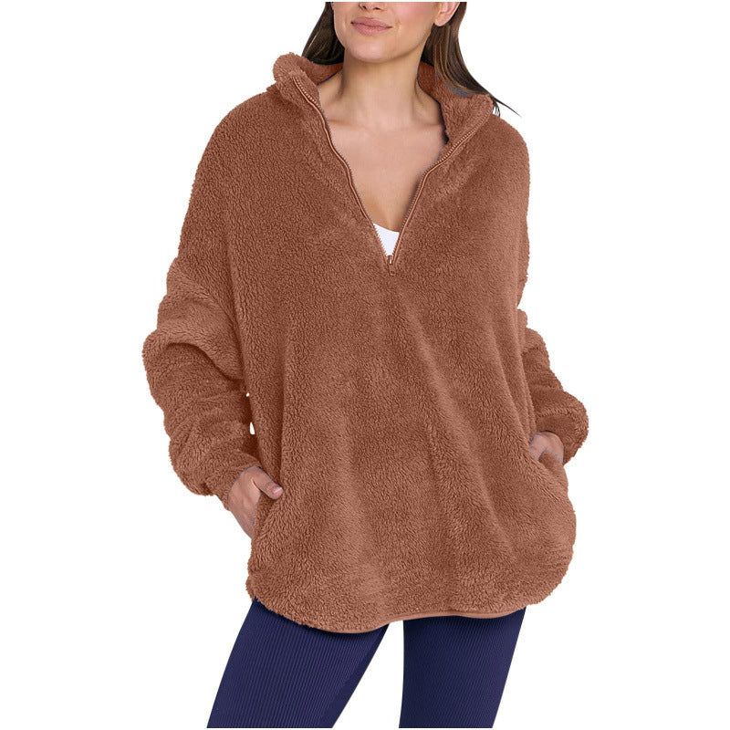Women Fluffy Oversized Sherpa Pullover with Half Zip and Kangaroo Pockets Mune Fashion