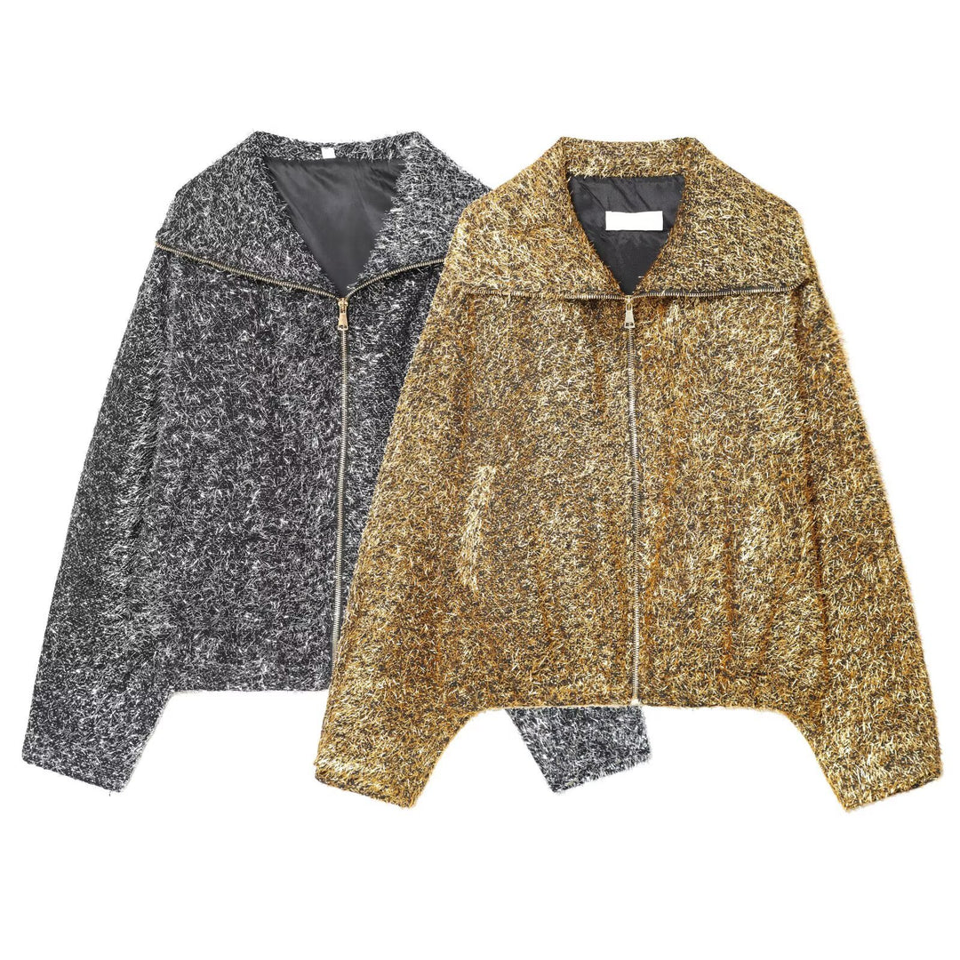 Women's cropped bouclé jacket with metallic effect and full-length zipper Mune Fashion