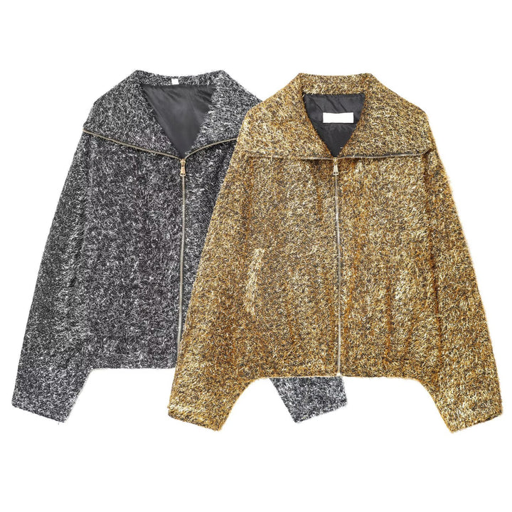 Women's cropped bouclé jacket with metallic effect and full-length zipper Mune Fashion