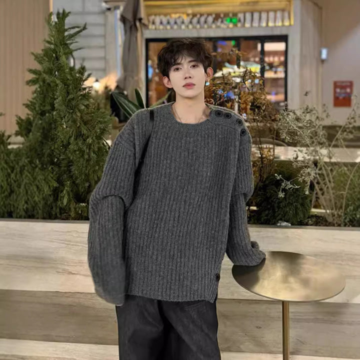 Men's Chunky Knit Oversized Sweater with Round Neckline and Shoulder Button Placket Mune Fashion