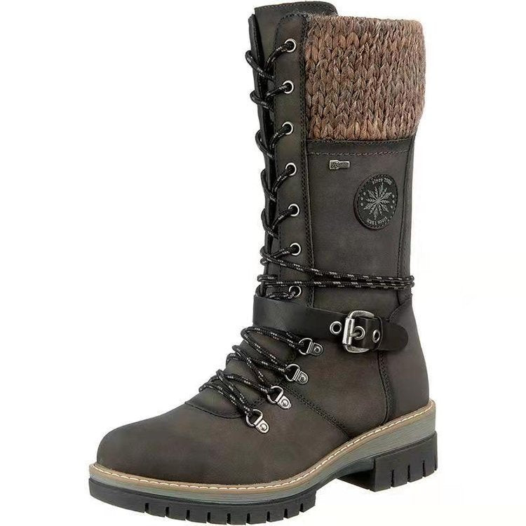 Women's knee-high lace-up boots with knit cuffs, sturdy tread sole, and side zipper Mune Fashion