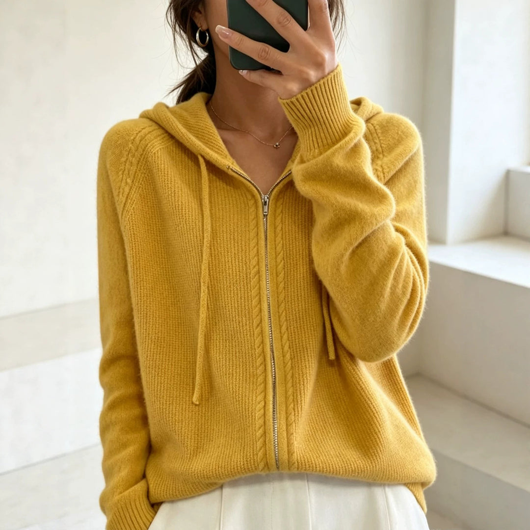 Women's hooded cardigan with zipper, fine knit and ribbed cuffs Mune Fashion