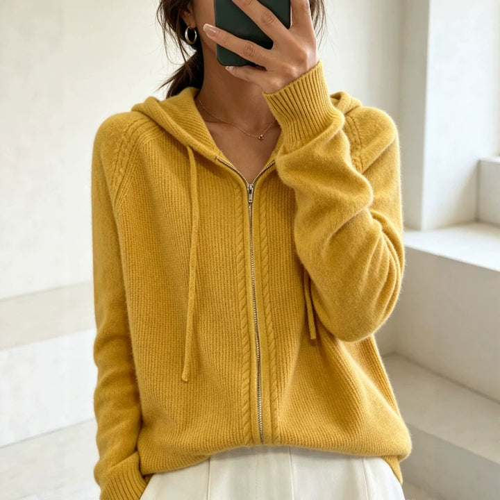 Women's hooded cardigan with zipper, fine knit and ribbed cuffs Mune Fashion