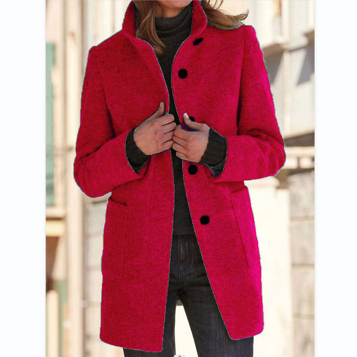 Women's Mid-Length Wool Blend Coat with Stand Collar and Patch Pockets Mune Fashion