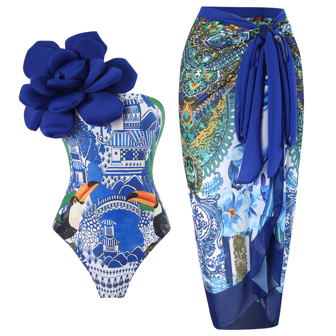 Ladies Elegant Swimsuit with Large Floral Detail and Transparent Overlay Mune Fashion