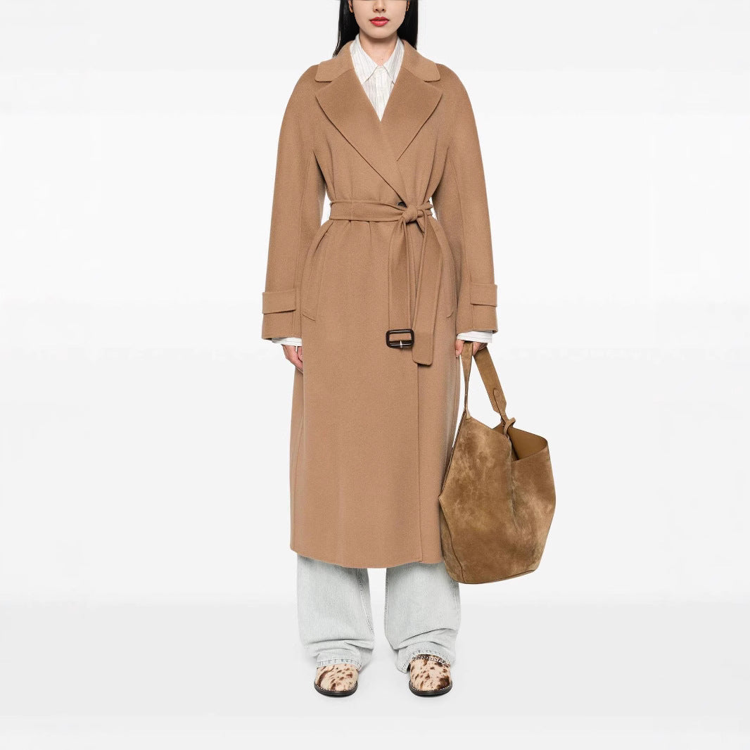 Women’s wrap coat made of wool blend with waist belt and oversized shoulder Mune Fashion