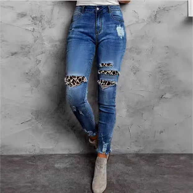 Women Stretch Skinny Jeans with High Waist, Knee Ripped Details and Leo Underlay Mune Fashion