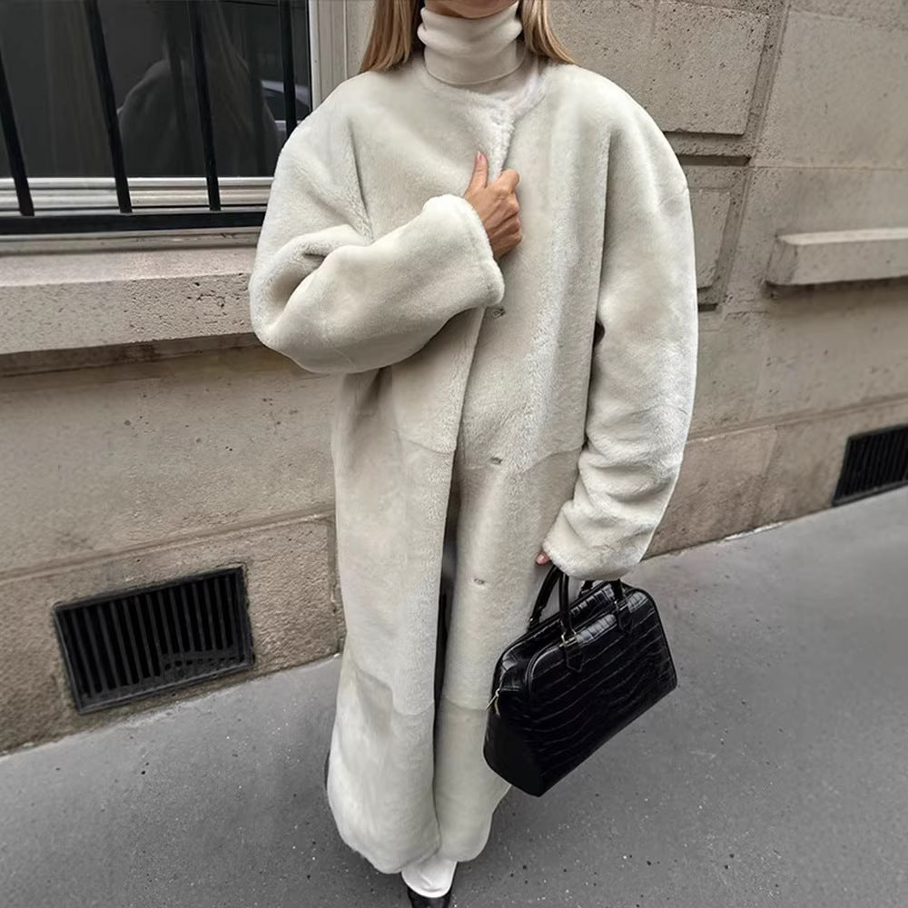 Women Maxilength Oversized Teddy Coat with Minimalist Stand Collar and Concealed Snap Button Placket Mune Fashion
