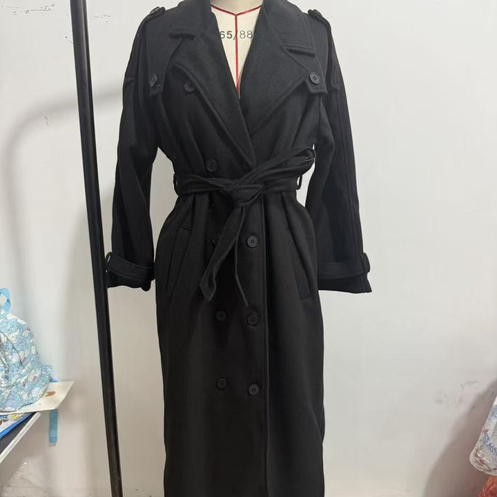 Women long oversized wool coat with wide lapels and belt Mune Fashion