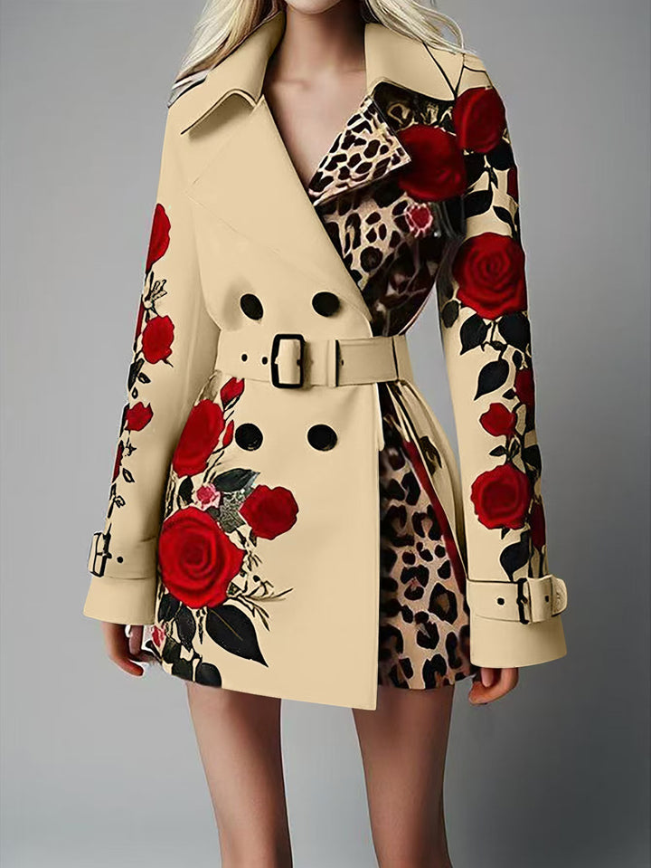 Women Tailored Trench Coat with Rose Print and Leopard Lining Mune Fashion