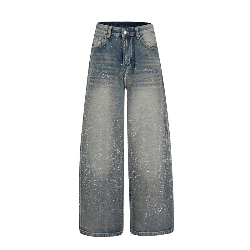 Women wide high-cut palazzo jeans with glitter effect and vintage wash Mune Fashion