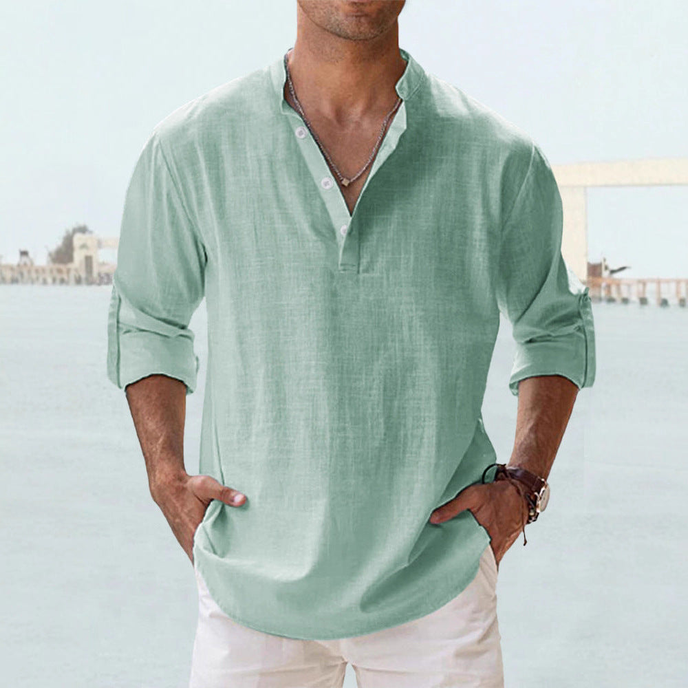 Men's nan casual linen henley shirt with stand-up collar, roll-up sleeves, and rounded hem Mune Fashion