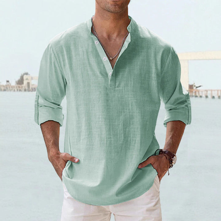 Men's nan casual linen henley shirt with stand-up collar, roll-up sleeves, and rounded hem Mune Fashion