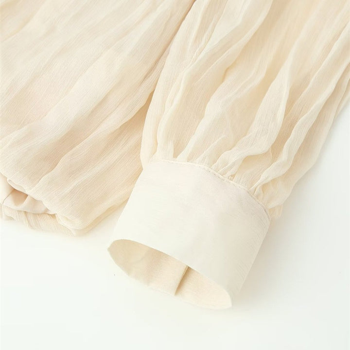 Women Transparent Pleated Chiffon Blouse with Neck Scarf Bow and Asymmetric Hem Mune Fashion