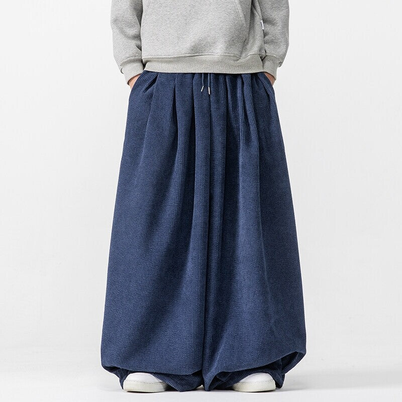 Men's Extra Wide Corduroy Balloon Pants with Pleats, Drawstring, and Heavy Draping Mune Fashion