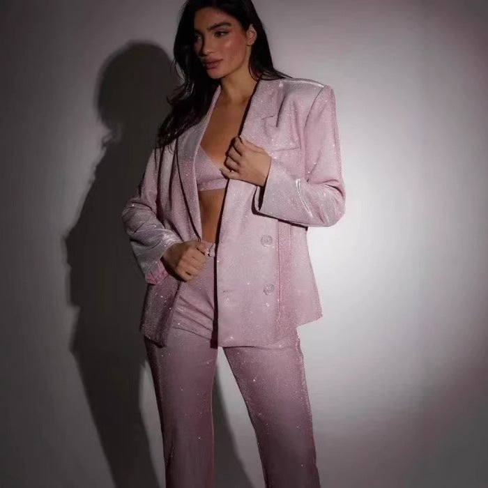Women's Glittering Suit Set with Crop Top and Flared Pants Mune