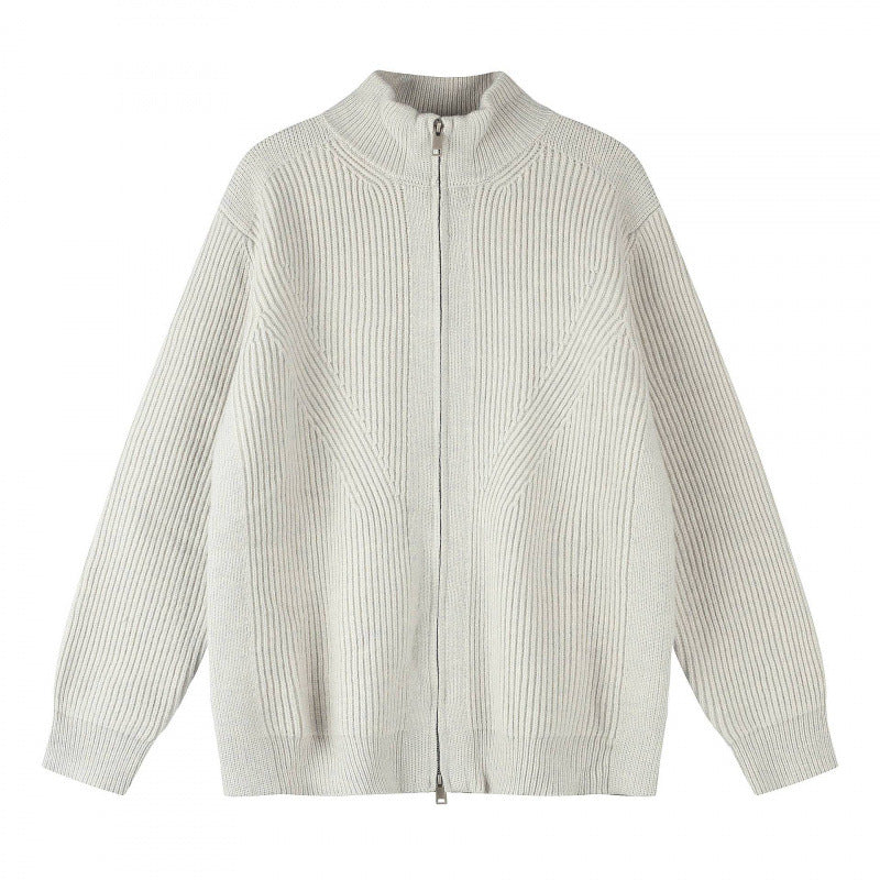 Unisex Chunky Knit Zip-Up Knit Cardigan with Stand-Up Collar and Ribbed Structure Mune Fashion