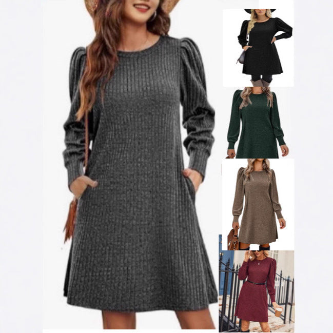 Women's knitted A-line knit dress with puff sleeves Mune Fashion