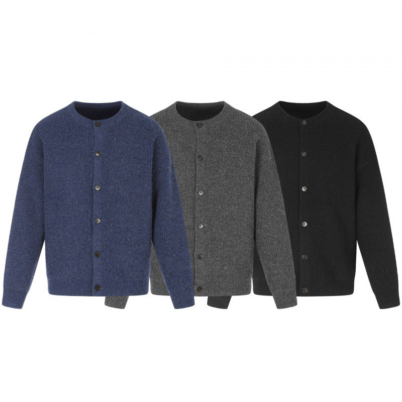 Unisex Boxy Knit Jacket with Round Neck, Continuous Button Placket and Fine Waffle Structure Mune Fashion