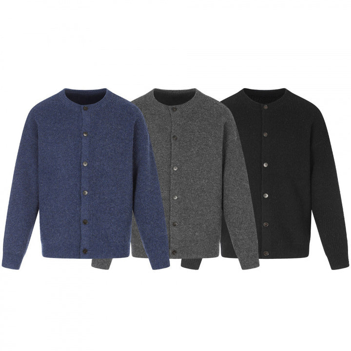 Unisex Boxy Knit Jacket with Round Neck, Continuous Button Placket and Fine Waffle Structure Mune Fashion