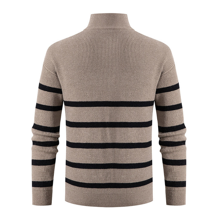 Men's Maritime Stripe Mockneck Pullover with Half Zip and Ribbed Fine Knit Mune Fashion