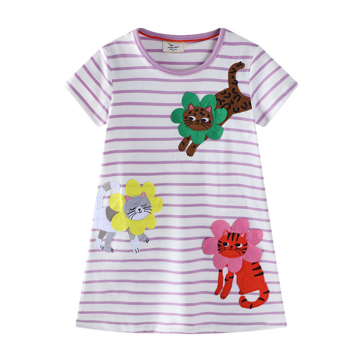 Girls cotton dress with embroidered animal motifs and flower appliqués Mune Fashion