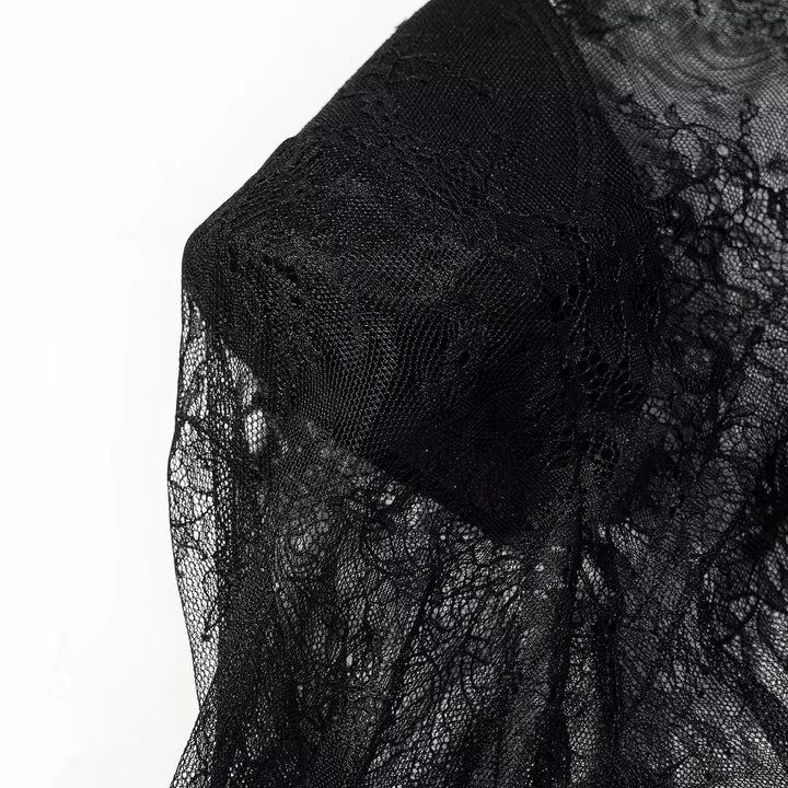 Ladies sheer lace blouse with stand-up collar, tie key and bell sleeves Mune Fashion