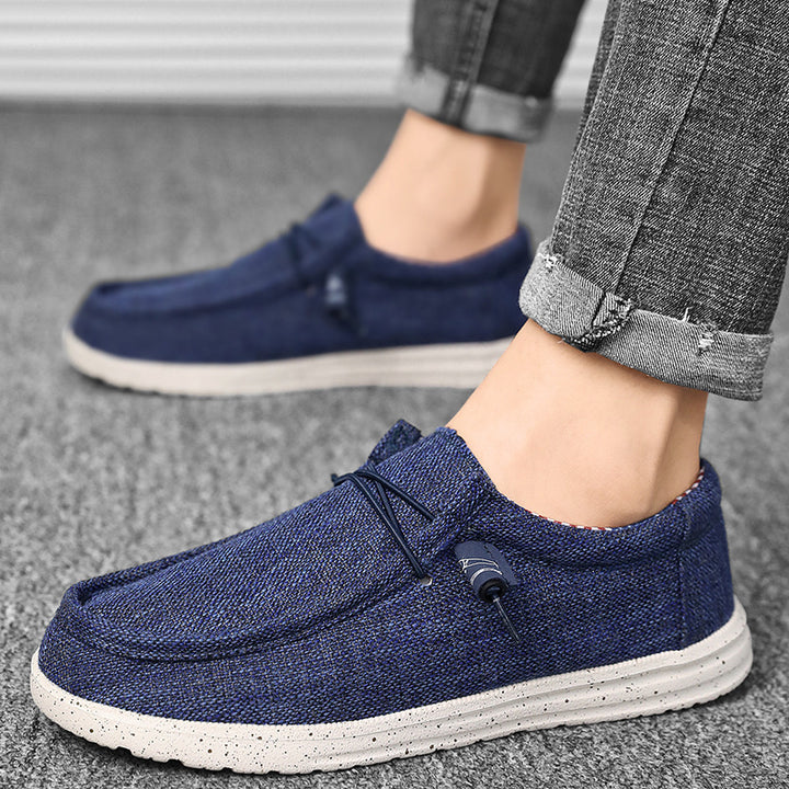Men's casual moccasin slipper made of linen fabric with cushioned comfort sole and elastic lacing Mune Fashion