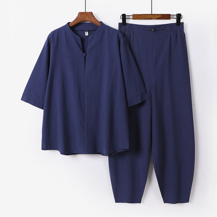 Men's Two-Piece Lightweight Linen-Cotton Set with Mandarin Collar and Elastic Waist Pants Mune Fashion