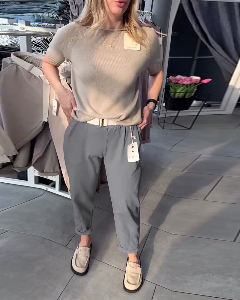 Women's casual cotton chinos with elastic comfort waistband, cuffs, and decorative belt Mune Fashion