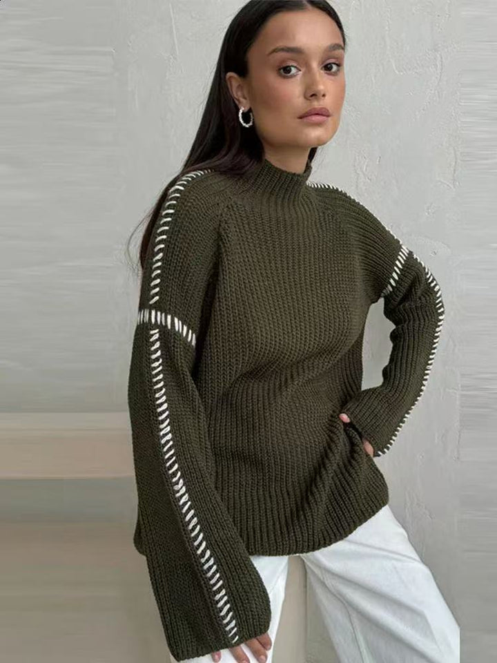 Women's Oversize Knit Sweater with Stand Collar, Balloon Sleeves and Decorative Stitch Mune Fashion