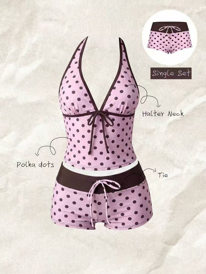 Women's tankini with fashionable polka dot pattern and adjustable halter Mune Fashion
