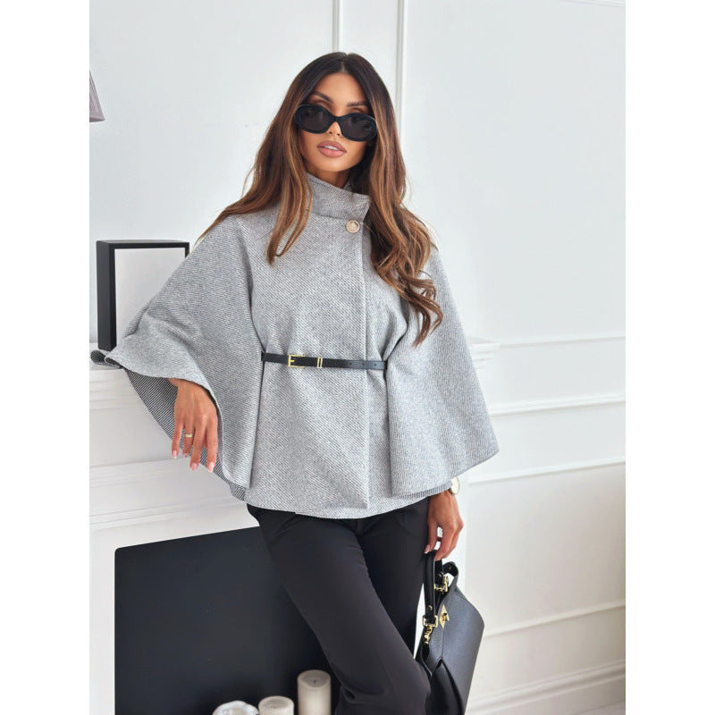 Women's Cape Coat with Fitted Leather Belt and Stand Collar Mune Fashion