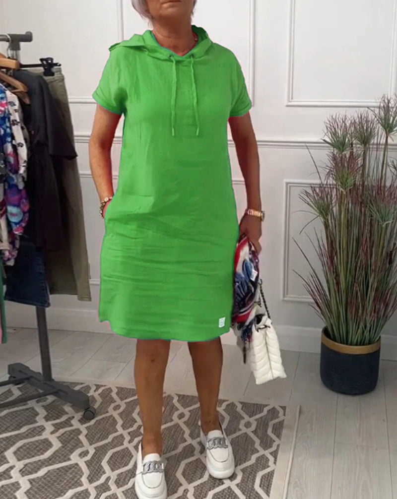 Women's casual hooded midi dress with short sleeves and straight relaxed fit Mune Fashion