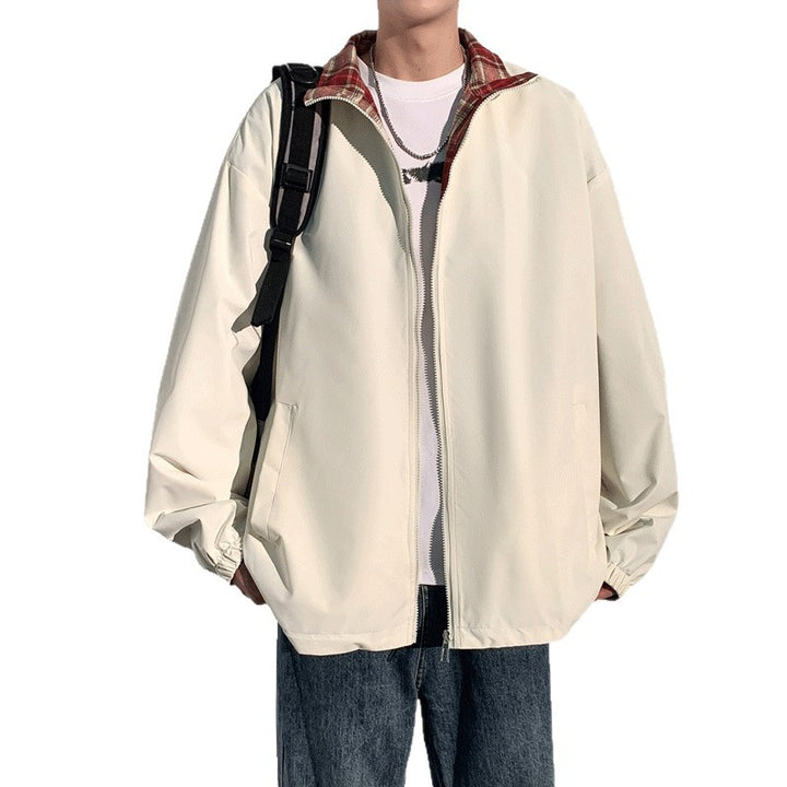 Men's Oversize Utility Transition Jacket with Zipper and Contrasting Checkered Inner Collar Mune Fashion