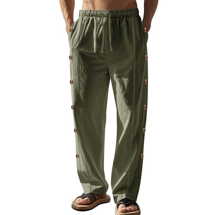 Men's casual beach pants with side button placket, elastic drawstring waistband, and wide leg Mune Fashion