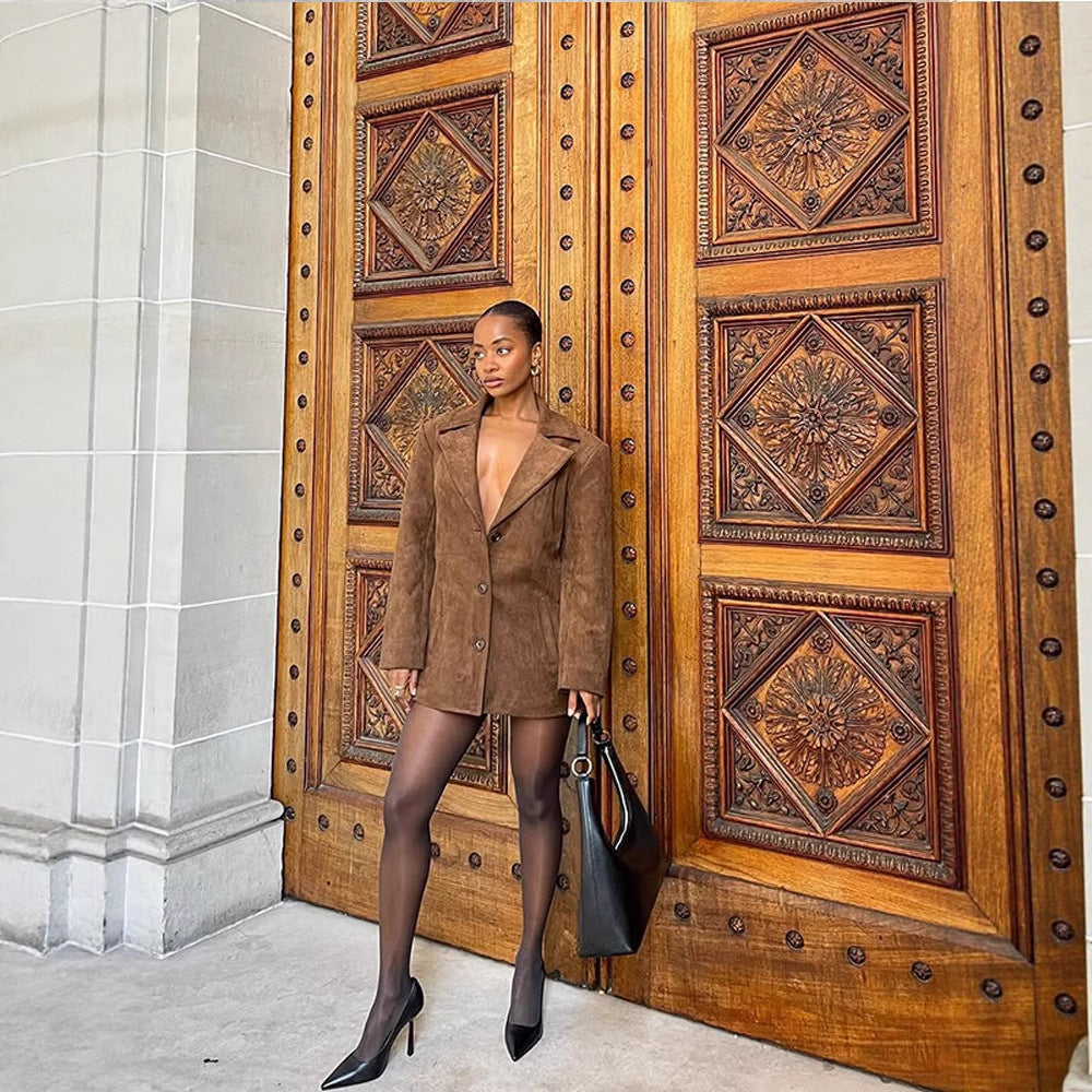 Women Short Suede Blazer Coat with Boxy Oversized Silhouette and Lapel Collar Mune Fashion