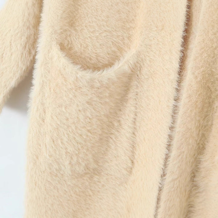 Women Longer fluffy hooded cardigan with patch pockets and open front Mune Fashion