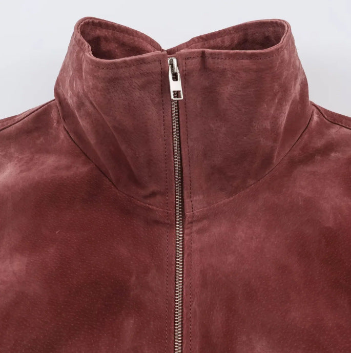 Women's short-cut suede bomber jacket with stand-up collar, gathered hem, and patch pockets Mune Fashion