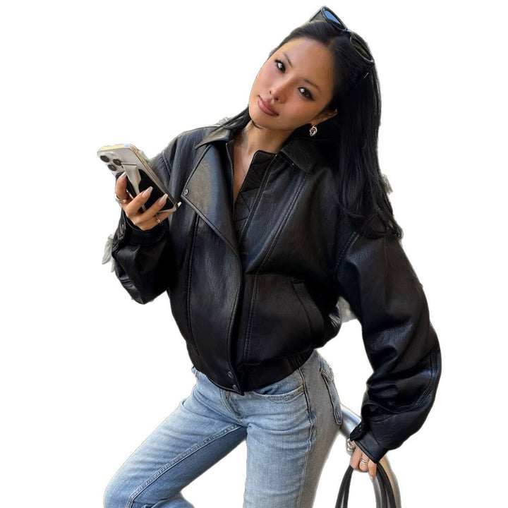 Women Tailored Boxy Bomber made of soft Vegan leather with distinctive lapels and raglan sleeves Mune Fashion