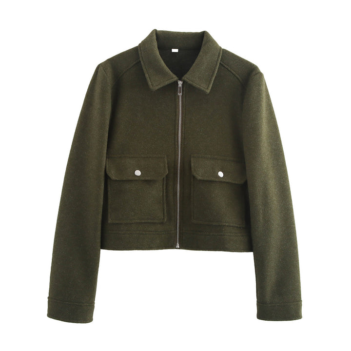 Women's short boxy wool jacket with full zip and patch pockets Mune Fashion